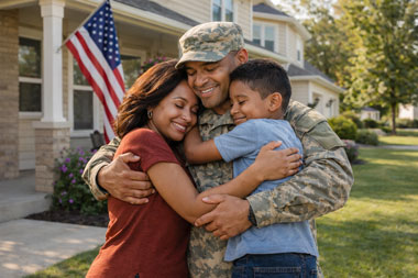 Veteran family standing in front of their new home purchased with a VA loan in Long Island, NY