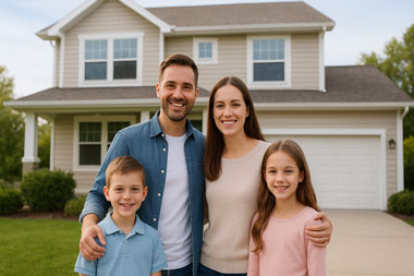 Happy family standing in front of their new home on Long Island, celebrating purchase and refinance loan solutions from expert mortgage brokers